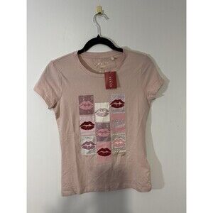 GUESS Vapor Rose Pink Lip Graphic Rhinestone Crew Neck T-Shirt Women's S